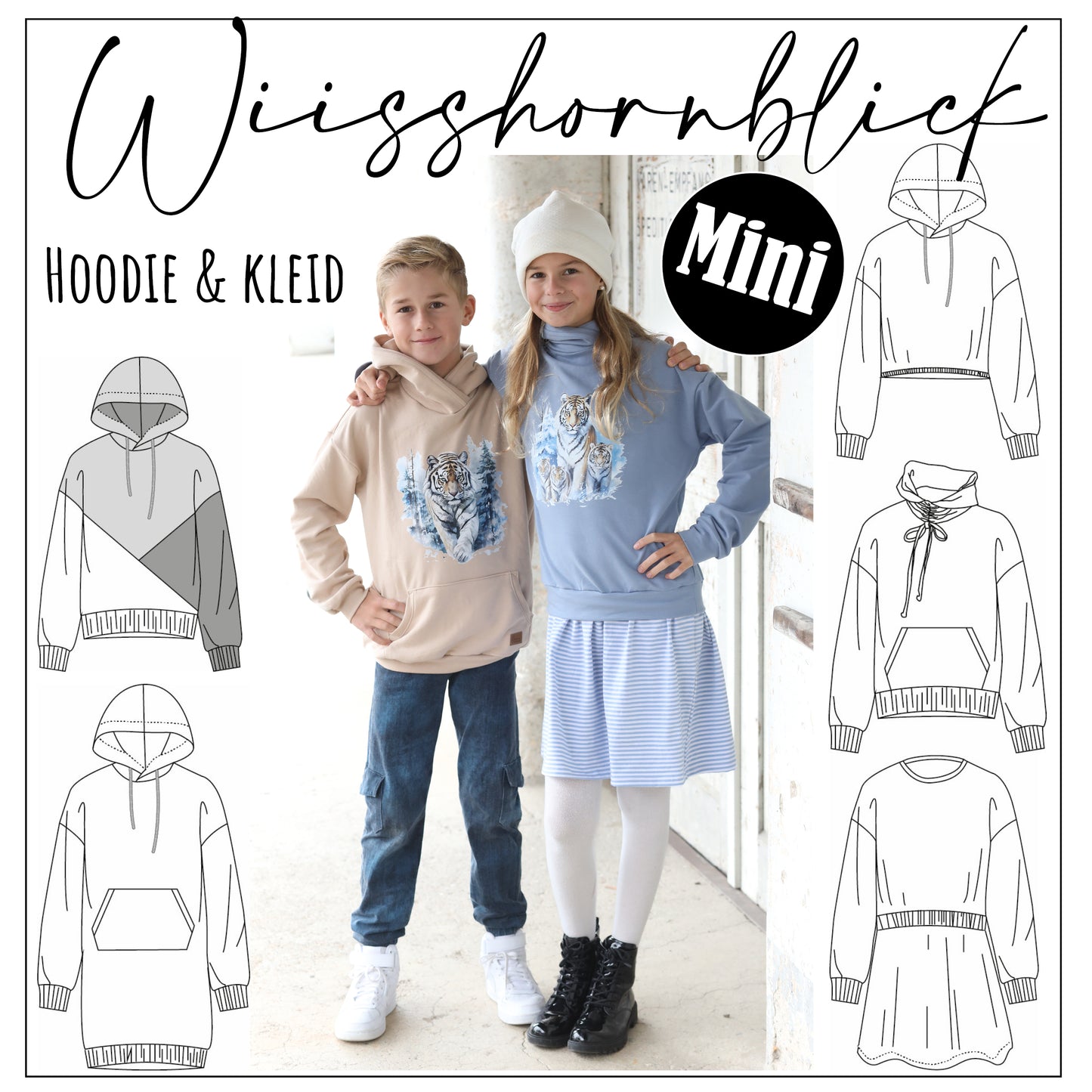 Schnittmuster Mini Hoodie und Kleid Wiisshornblick Gr. 86 - 164